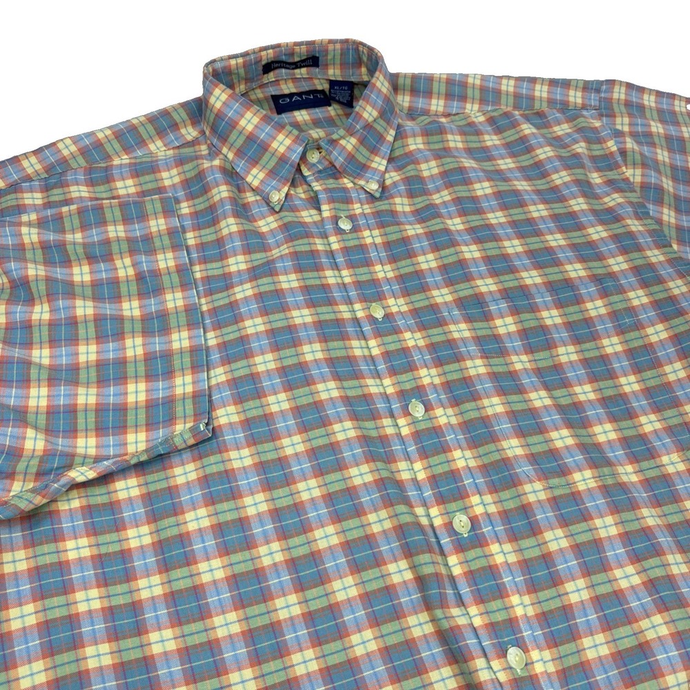GANT Heritage Twill Shirt Men's XL Blue Plaid Short Sleeve Embroidered Logo